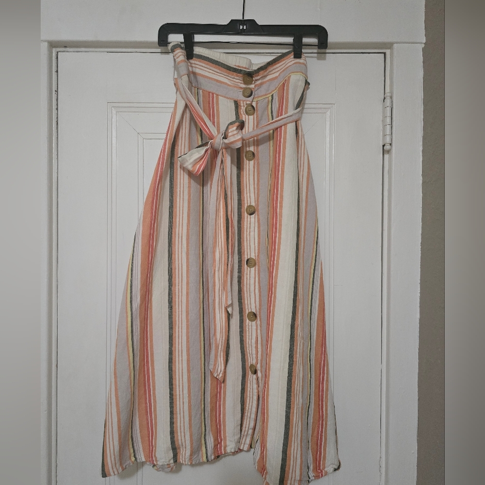 A New Day Striped Buttom Down Tie Belt Midi Skirt - L